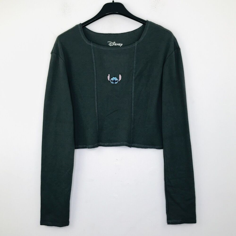 Disney Women's XL Crop Top Gray Embroidered Lilo & Stitch Long Sleeve BI25